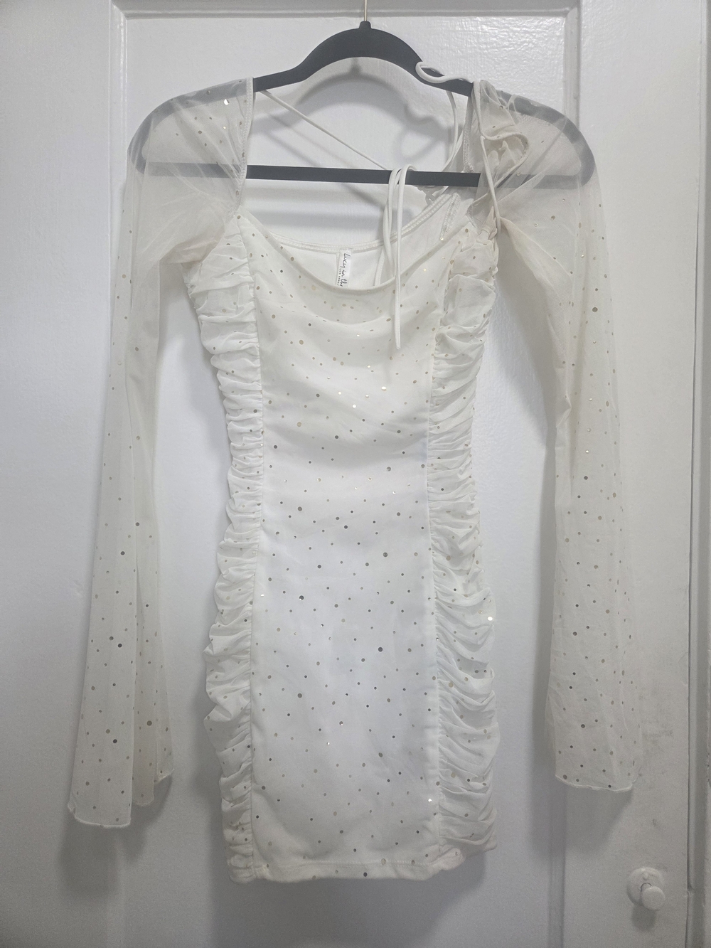 Lucy in the Sky White Mini Dress with Sheer Sleeves and Gold Dot Detail